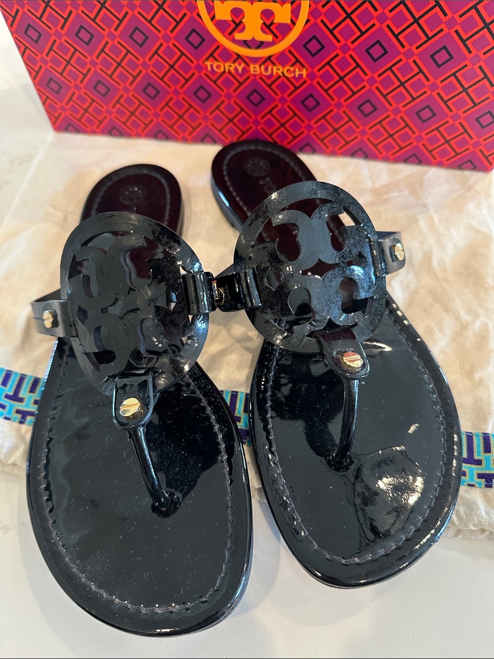 Tory Burch Miller Sandals Patent Black Size 9